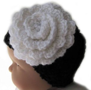 KSS Black Cotton Headband White Flower 12-15" (0-12 Months)