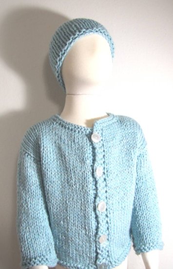 KSS Heavy Green Light Blue Sweater/Cardigan & Hat (3 Years) - Click Image to Close