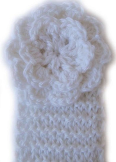 KSS White Knitted Headband White Flower 12-15" (0-12 Months) - Click Image to Close