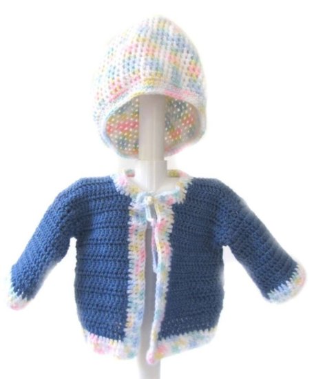 KSS Sky Blue Crocheted Sweater/Jacket & Cap (12 - 18 Months) - Click Image to Close