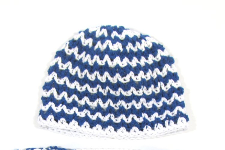 KSS Blue/White Cotton Sweater/Cardigan with a Hat (6 Months) - Click Image to Close