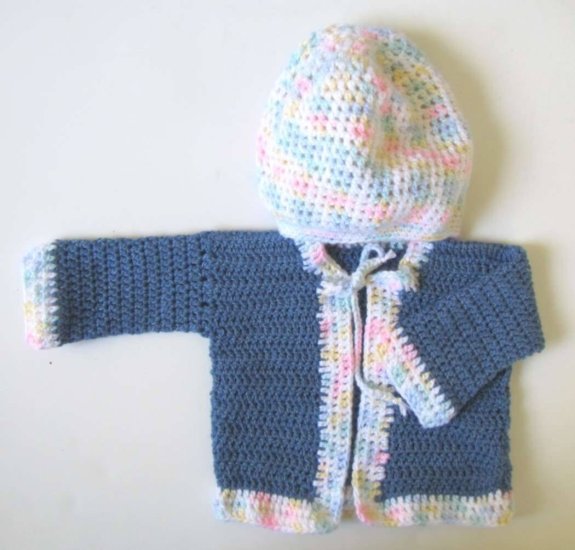 KSS Sky Blue Crocheted Sweater/Jacket & Cap (12 - 18 Months) - Click Image to Close