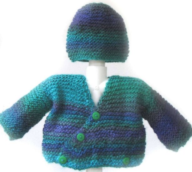 KSS Blue/Green Wrap Baby Sweater/jacket and Hat (3-6 Months) - Click Image to Close