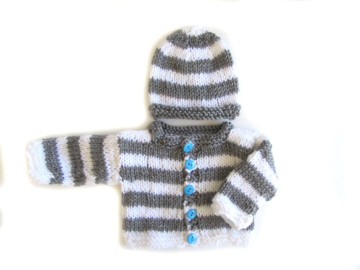 KSS Grey/White Sweater/Cardigan/Hat/Booties (3 Months) - Click Image to Close