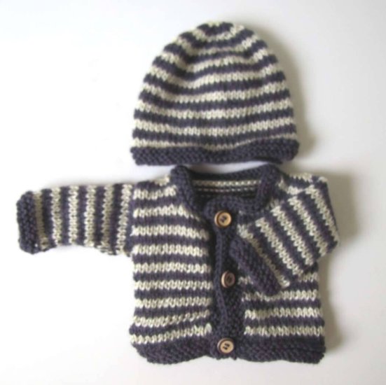 KSS Purple Off White Striped Sweater/Cardigan with a Hat (3 Months) - Click Image to Close