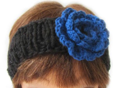 KSS Black Knitted Headband with Blue Flower 17 - 19"