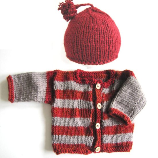 KSS Heavy Grey/Red Cardigan and Cap (18 Months) SW-686 - Click Image to Close
