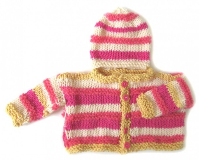 KSS Very Soft Pinkish Striped Cardigan, Booties and Hat 6 Months - Click Image to Close