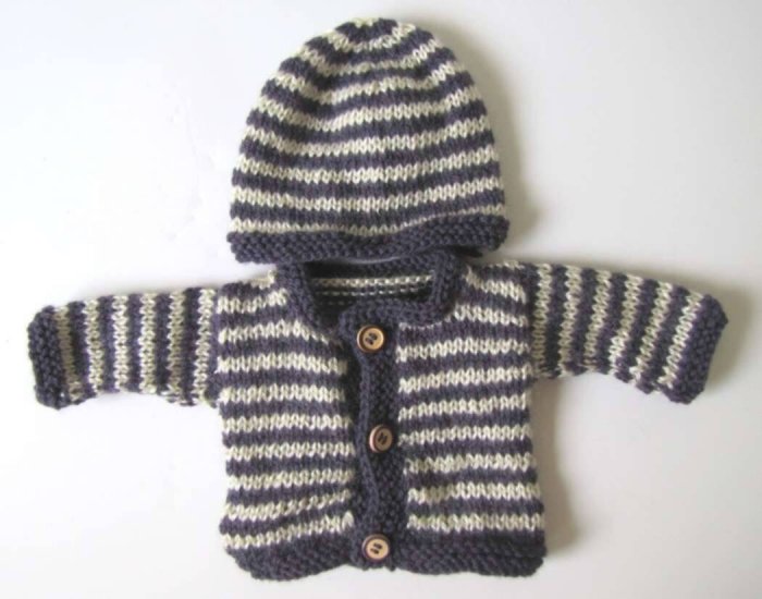 KSS Purple Off White Striped Sweater/Cardigan with a Hat (3 Months) - Click Image to Close