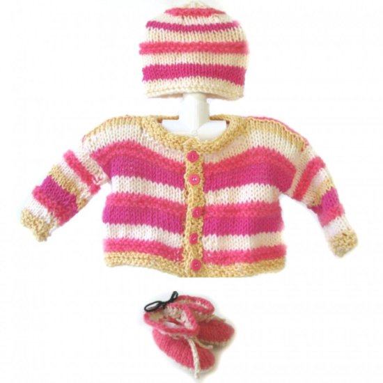KSS Very Soft Pinkish Striped Cardigan, Booties and Hat 6 Months