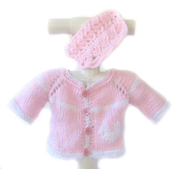 KSS Pink Sweater With a White Heart, Hat and Sun Visor (3 Months) - Click Image to Close