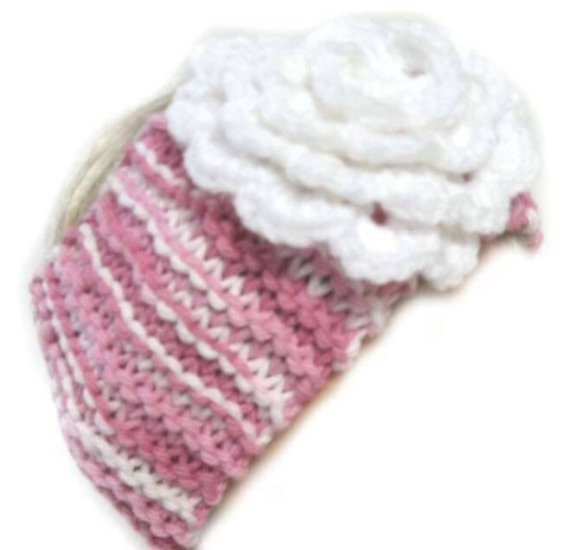 KSS Pink Knitted Headband with White Flower 15-18" - Click Image to Close