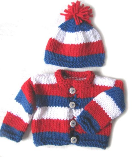 KSS Red, White and Blue Sweater/Cardigan with a Hat 3 Months - Click Image to Close