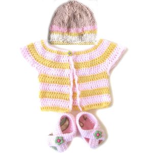 KSS Pink & Yellow Sweater and Booties/Hat (3 Months) SW-240