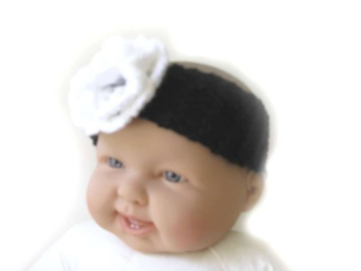 KSS Black Knitted Headband White Flower 12-15" (0-12 Months) - Click Image to Close