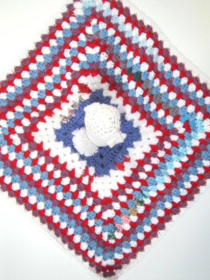 KSS Crocheted Red, White and Blue Rabbit Blanky 14x14" TO-075 - Click Image to Close