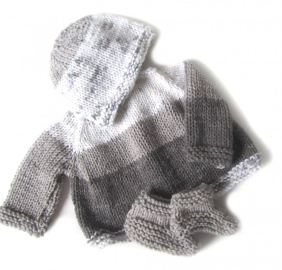 KSS Grey/White baby Layette Sweater/Jacket Set (6 - 9 Months) - Click Image to Close
