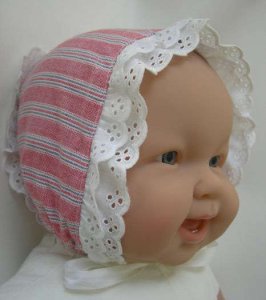 Eyelet Trimmed Red/White Cotton Bonnet Size Newborn