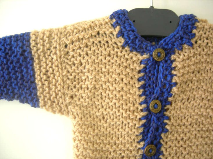 KSS Earth Cardigan with Blue trim Size 3 - 6 Months - Click Image to Close