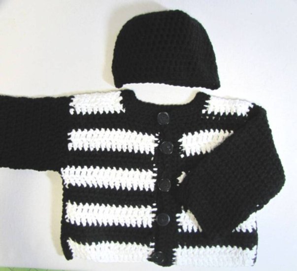 KSS Black/White Crocheted Sweater/Jacket and Hat (3-4 Years) - Click Image to Close