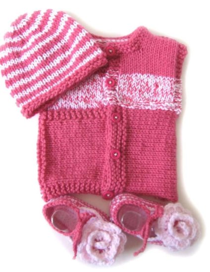 KSS Pink Sweater Vest, Hat & Booties (6-9 Months) - Click Image to Close
