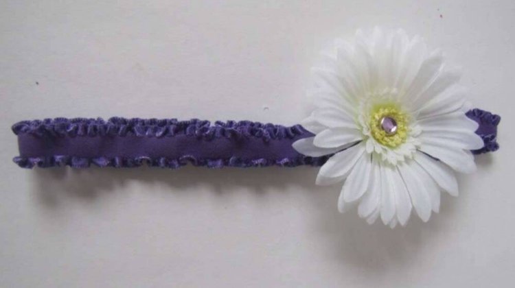 KSS Purple Elastic White Flower Headband 16 - 18" (2 - 3 Years) - Click Image to Close
