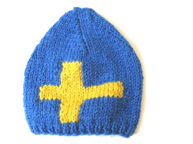 KSS Blue Knitted Cap with Swedish Flag 15-18" (1-3 Years) - Click Image to Close