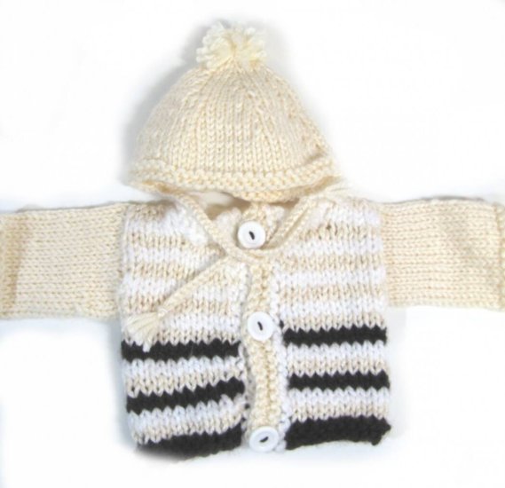 KSS Fluffy Natural with Brown Sweater/Jacket & Hat (9 Months) SW-757 - Click Image to Close