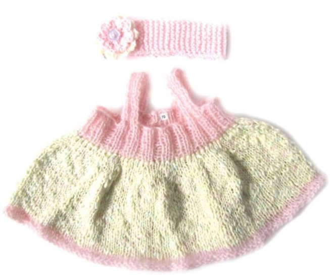 KSS Pink and Yellow Knitted Dress, Onesie and Headband 3 - 9 months - Click Image to Close