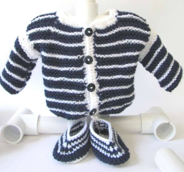 KSS Soft Navy/White Sweater/Cardigan Set with Stripes (6 Months) - Click Image to Close