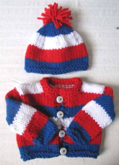 KSS Red, White and Blue Sweater/Cardigan with a Hat 3 Months - Click Image to Close