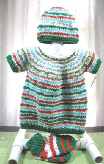 KSS Green/Copper Striped Toddler Sweater Vest/Hat/Socks (3-4 Years) - Click Image to Close