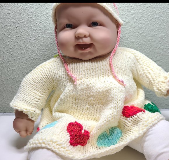 KSS Baby Knitted Off White Heart Dress and Hat 12 Months DR-186