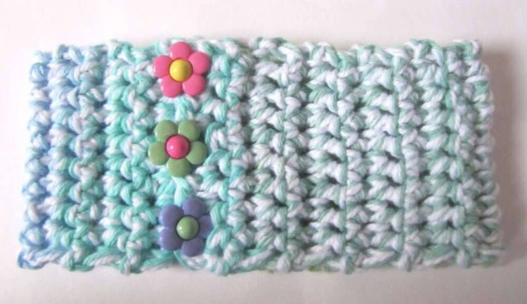 KSS Pastel Crocheted Cotton Headband with Buttons 14 - 16" - Click Image to Close