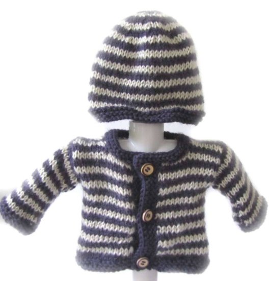 KSS Purple Off White Striped Sweater/Cardigan with a Hat (3 Months)