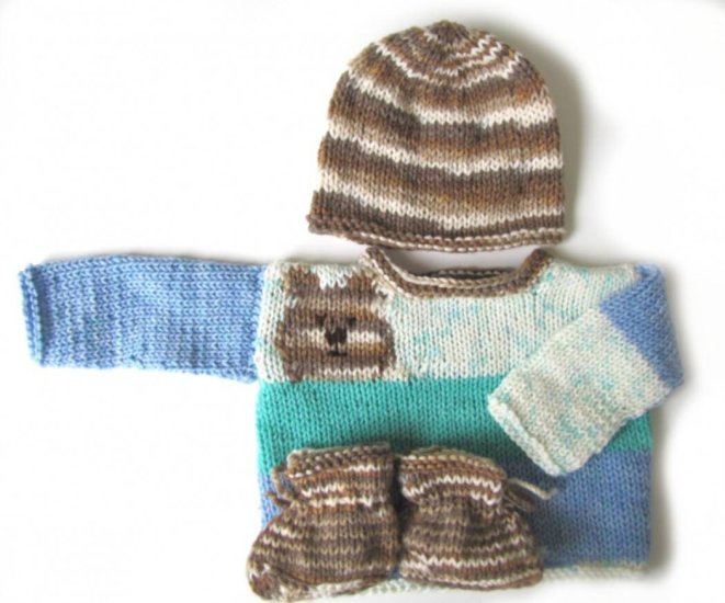 KSS Soft Light Blue and Brown Sweater, Cap & Booties (18 Months) - Click Image to Close