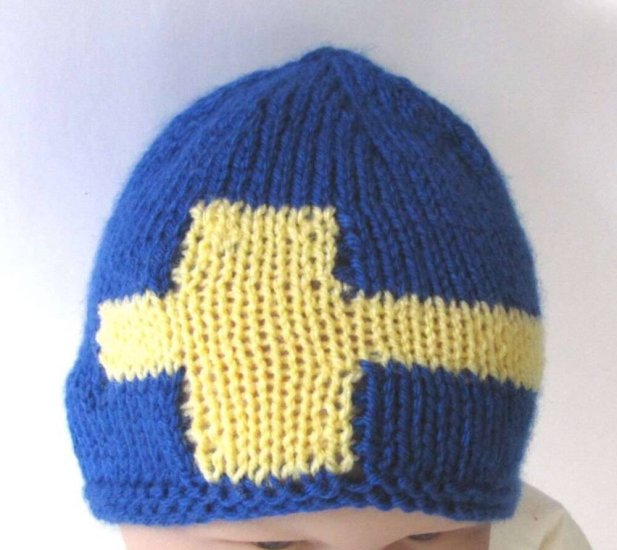 KSS Blue Knitted Cap with Swedish Flag 15-18" Toddler - Click Image to Close