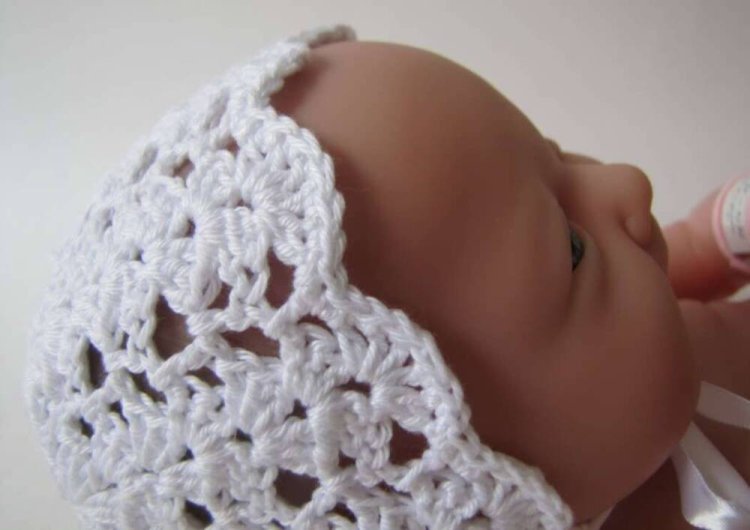 KSS White Cotton Bonnet Type Hat 11" (Newborn) - Click Image to Close