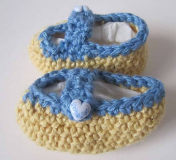 KSS Yellow/Blue Cotton Crocheted Mary Jane Booties (Newborn)