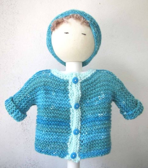 KSS Light Blue/Turquoise Sweater/Cardigan with a Hat (6 Months) - Click Image to Close