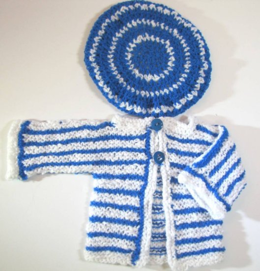 KSS Blue/White Striped Sweater/jacket and Beret (3 Months) - Click Image to Close