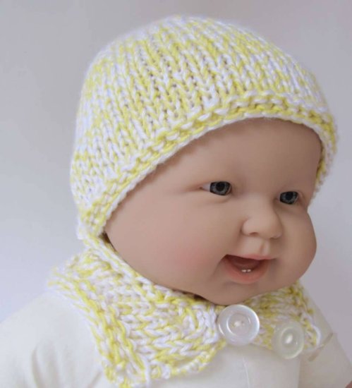 KSS Baby Yellow/White Knitted Hat and Scarf Set 14 - 16