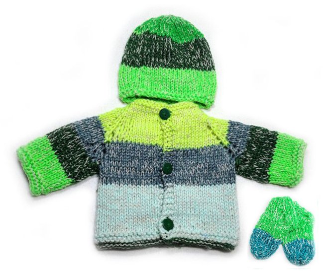 KSS Greenish Baby Sweater/Cardigan with a Hat and Socks 3 months SW-1091