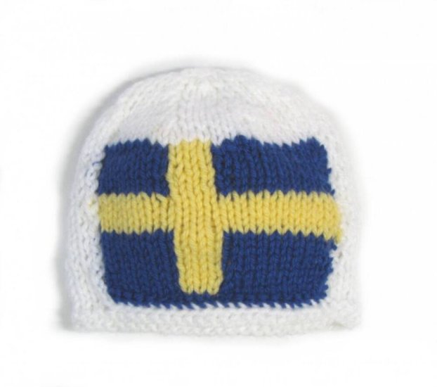 KSS Whte Beanie with a Swedish Flag 15" (6-18 Months) HA-546 - Click Image to Close