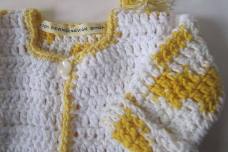 KSS White/Yellow Cotton Sweater/Jacket and Hat (6-9 Months) - Click Image to Close