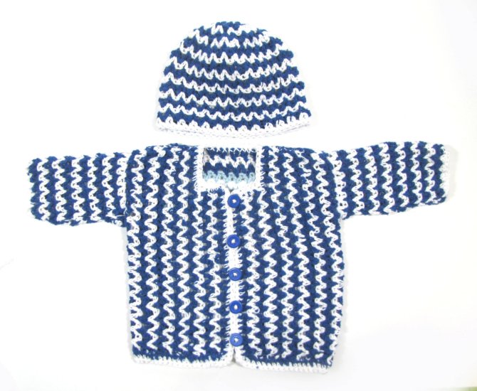 KSS Blue/White Cotton Sweater/Cardigan with a Hat (6 Months)