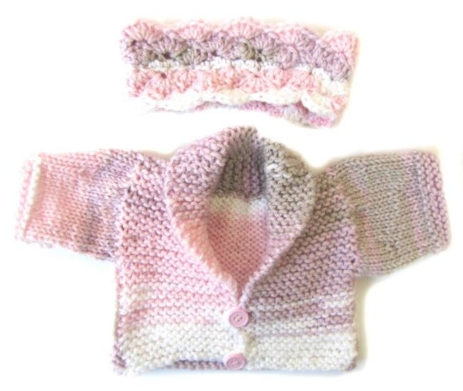 KSS Pink/Beige Sweater/Jacket and Headband set (3 Months)