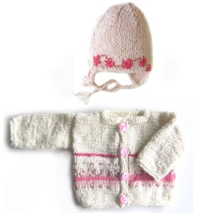 KSS Soft Ecru/Pink Sweater/Cardigan & Hat (3 Months) SW-685