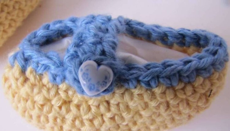 KSS Yellow/Blue Cotton Crocheted Mary Jane Booties (Newborn) - Click Image to Close