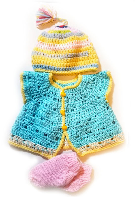 KSS Pink/Green/Yellow Sweater vest Hat & Booties (0-3 Months) SW-1002 KSS-SW-1002-EBK